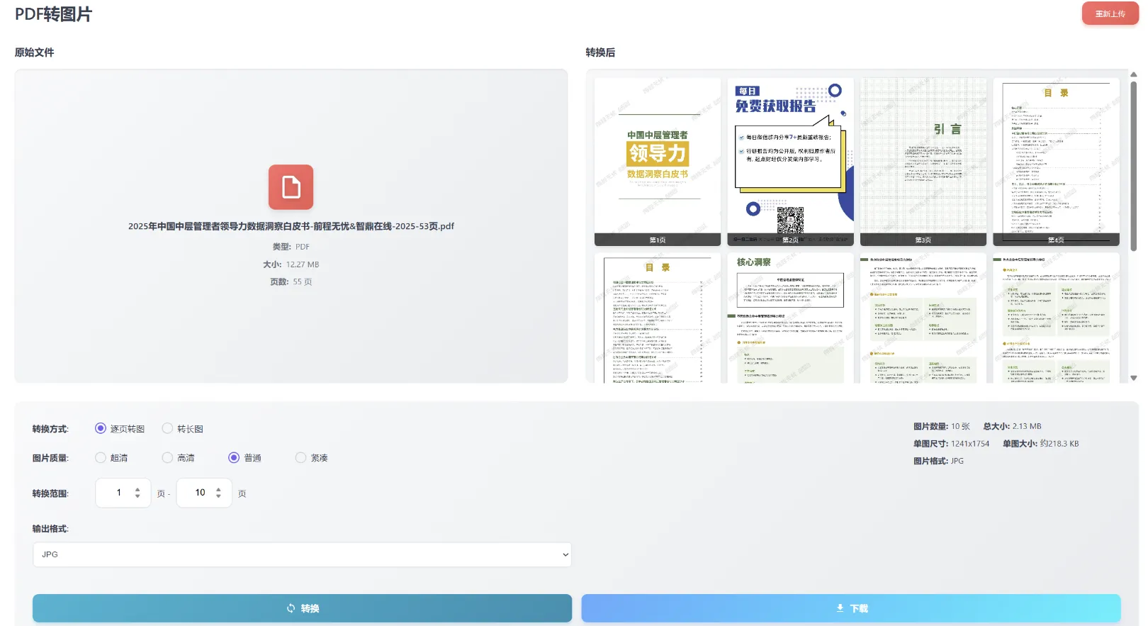 PDF转图片工作区——PDF页面预览，输出格式与DPI选项，转换结果ZIP下载
